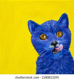 Abstract Painting Of Cute Blue Cat On Yellow Background.Modern Impressionism, Modernism,marinism