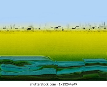 Abstract painting of distant city from across a river and rural fields.