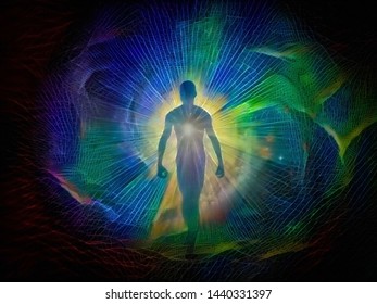Abstract painting. Man's silhouette in rays of light. Aura or Soul. 3D rendering