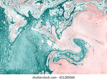 Abstract painting. Modern artwork. Marble effect painting. Mixed turquoise and pink paints. Unusual handmade background for poster, card, invitation. Acrylic paints on canvas. Horizontal image.