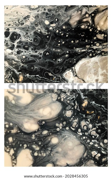 Abstract painting, pour epoxy resin, beige,\
black,gold and white color. Fluidity, cells, bubbles, marble or\
stone texture. close-up fragment, trendy liquid art for background,\
screensaver,\
poster