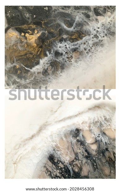 Abstract painting, pour epoxy resin, beige,\
black,gold and white color. Fluidity, cells, bubbles, marble or\
stone texture. close-up fragment, trendy liquid art for background,\
screensaver,\
poster
