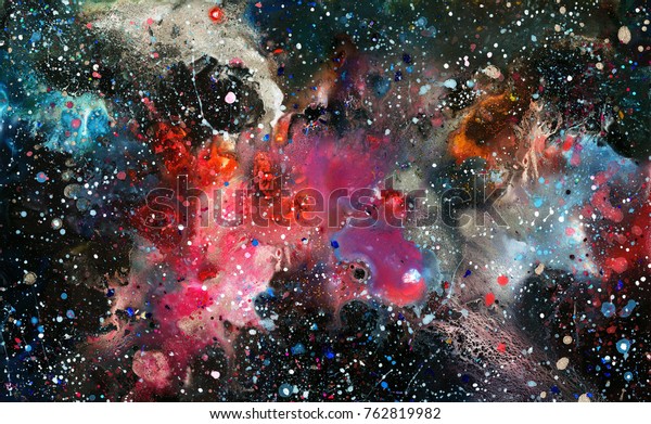抽象的なペインティングスペースの壁紙 星 雲 黒い背景を持つ 横にカラフルなイラスト のイラスト素材 762819982