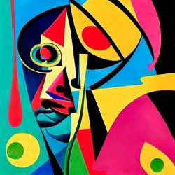Abstract Painting In The Style Of Cubism, Female Portrait. A Young Woman In Vibrant Colors On A Square Canvas.