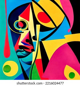 Abstract painting in the style of cubism, female portrait. A young woman in vibrant colors on a square canvas. - Powered by Shutterstock