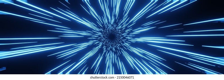 Abstract Panorama Futuristic Speed Lights Tunnel, Time Warp, Traveling In Space, Background 3D Rendering