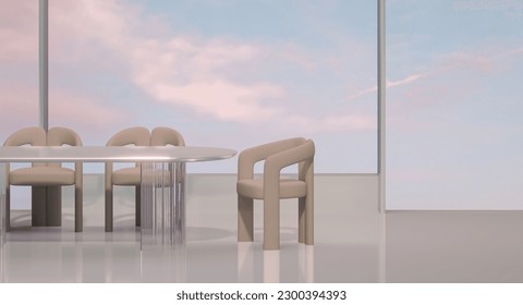Abstract panoramic background  Fantastic landscape and glass wall table dinner   pastel gradient sky  Wall   frame installation scene and geometric arch form  3d rendering 

