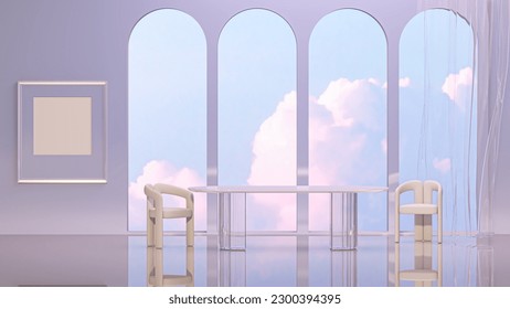 Abstract panoramic background  Fantastic landscape and glass wall table dinner   pastel gradient sky  Wall   frame installation scene and geometric arch form  3d rendering 

