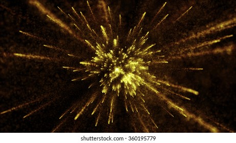 abstract particle background with elemets passing from far center point towards to camera