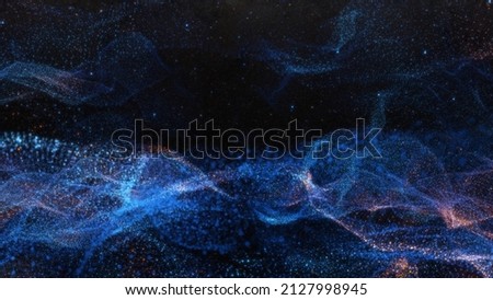 Abstract particle waves with depth of field effect. Futuristic 3d illustration. Technology concept. Cyber UI, HUD element