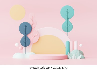 Abstract Pastel nature  flowers leaves   tree plants and Podium stand platform  Cute Cartoon natural landscape background  Scene spring colorful plants and minimal design  3D Render 