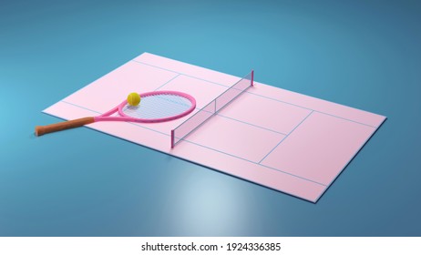 Abstract Pastel Pink Blue Color Tennis Court, Tennis Balls And Tennis Racquet Minimalistic  Sports, Fitness, Activity Composition. 3d Render