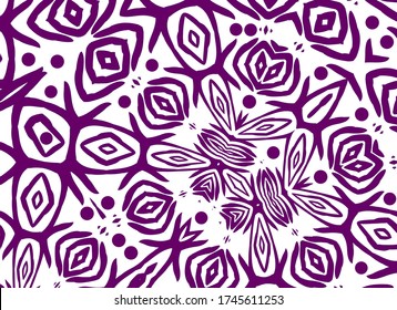 abstract pattern of asymmetric lines of petals and rhombuses of violet color on a white background