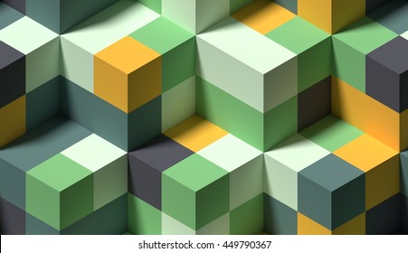Abstract pattern blocks 3D rendering. Big pixel color yellow green seamless tiled