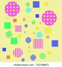Abstract pattern with circles, quadrangles, stripes, weave.