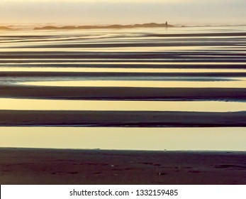 Abstract Pattern Of Evening Tide Pools On Sandy Beach Where A Distant Blurred Couple Stroll Together Near Waves Along The Pacific Coast Of Washington, USA, In Spring, With Digital Oil-painting Effect