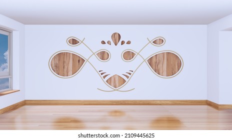 Abstract Pattern Grooving On White Wall With Teak Wood Placed On Backdrop And Interior Environment, Sun Light And Sky Reflect On Glass Of Windows. Art Design Concept On 3d Rendering Image.