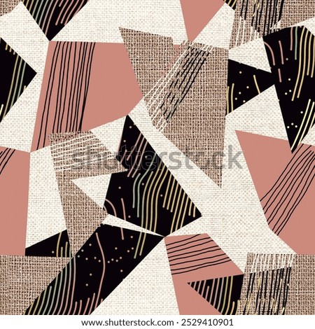 Abstract pattern with irregular geometric shapes in shades of pink, black and beige, with lines and linen textures