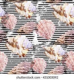 Abstract Pattern Marine Design. Seashells Striped Seamless Background. Sealife Grunge Effect. Textile Print For Bed Linen, Jacket, Package Design, Fabric And Fashion Concepts