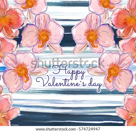 Abstract pattern with red orchids, poppies and green blue stains. Valentine`s day invitation card.