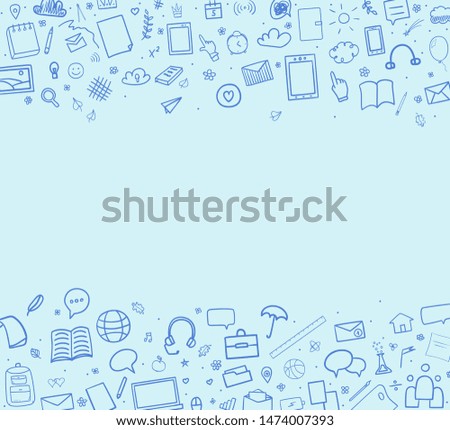 Abstract pattern with school supplies. Back to school. Set of different signs. Hand drawn elements. Illustration for banners, flyers or posters