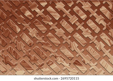 An abstract pattern of swords in a brown gradient background. The swords are arranged diagonally and create a repeating pattern. Great for backgrounds and designs.