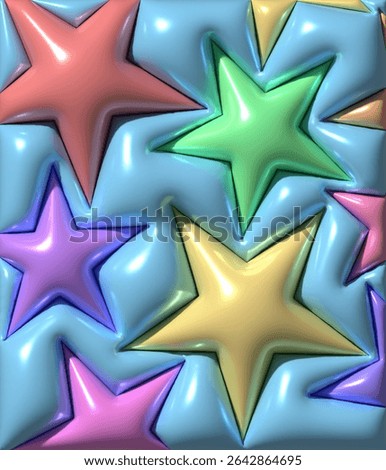 Abstract pattern of voluminous multi-colored stars on a relief background, 3D rendering illustration
