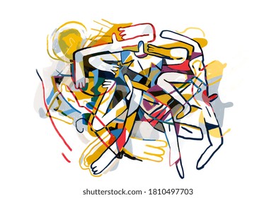 Abstract People Together. Cubism Art Influence. Painting, Modern Abstract Graffiti Illustration. Paint With Primary Color. Contemporary Art For Print And Poster	