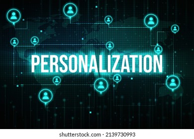 Abstract Personalization Technology Background With Connecting Icons On A World Map. Modern And Futuristic Tech Backdrop