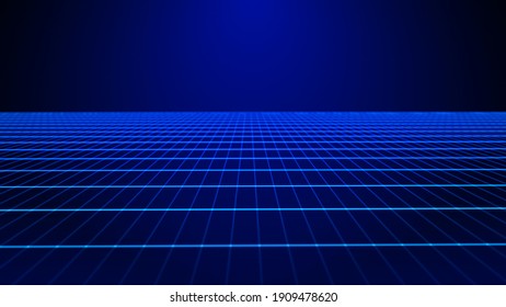 Abstract Perspective Grid. Digital Background In Retro Style. Landscape On Blue Background. 3d Rendering