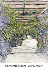 Abstract Perspective Of Walkway Lined With Tropical Plants Under Rafters With Strings Of Holiday Lights Near Distorted Figure Of A Visitor In A Botanical Garden. Digital Painting Effect, 3D Rendering.