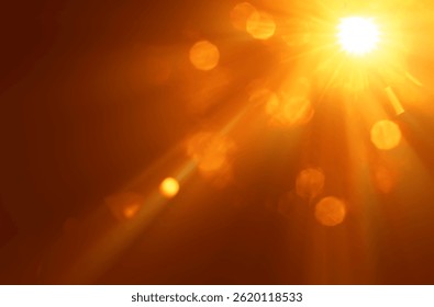 abstract photo of light burst among trees and glitter bokeh. image is blurred. yellow golden bokeh pattern background. Real optical lens flare on black backdrop. sunrays, sun rays beam, burst, sunbeam