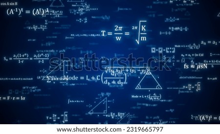 Abstract Physics equation concept, Mathematics calculation, Sciences formula, arithmetic and handwritten geometry symbol, typewriting study on blue background, 3d rendering