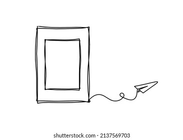 Abstract Picture Frame With Paper Plane As Continuous Lines Drawing On White Background