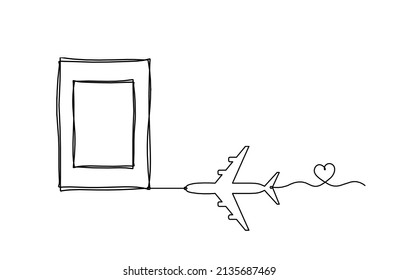 Abstract Picture Frame With Plane As Continuous Lines Drawing On White Background