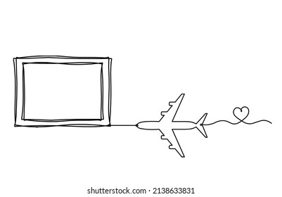 Abstract Picture Frame With Plane As Continuous Lines Drawing On White Background