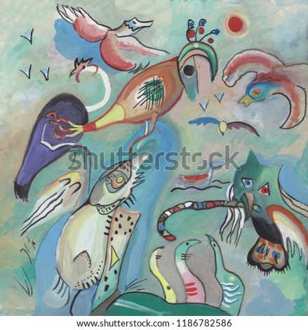 Abstract picture, many kinds of exotic birds