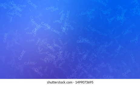 Abstract picture and randomly placed words CARE background and Dark Blue  Azure color  Template for advertising   commercials 