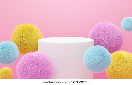 Abstract pink background geometric shape. 3D rendering of white stage podium pedestal with colorful fur ball for display product, banner or fashion. Minimal interior design.