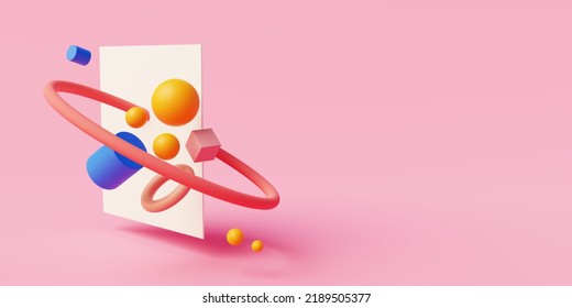 Abstract Pink Background With Levitating Geometric Shapes And Copy Space For Homepage And Banner. 3d Rendering.