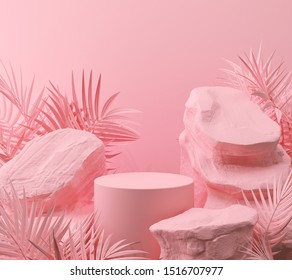 Abstract Pink Color Geometric Stone And Rock Shape Background, Minimalist Mockup For Podium Display Or Showcase, 3d Rendering.