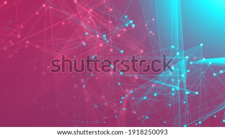 Abstract pink green polygon tech network with connect technology background. Abstract dots and lines texture background. 3d rendering.