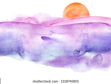 Abstract Pink, Purple, Lilac Watercolor.The Color Splashing On The Paper.Watercolor Splash Stain Pink. Abstract Blot, Background. Watercolor Field. Abstract Suburban Landscape,hill. Sun, Sunrise, Dawn