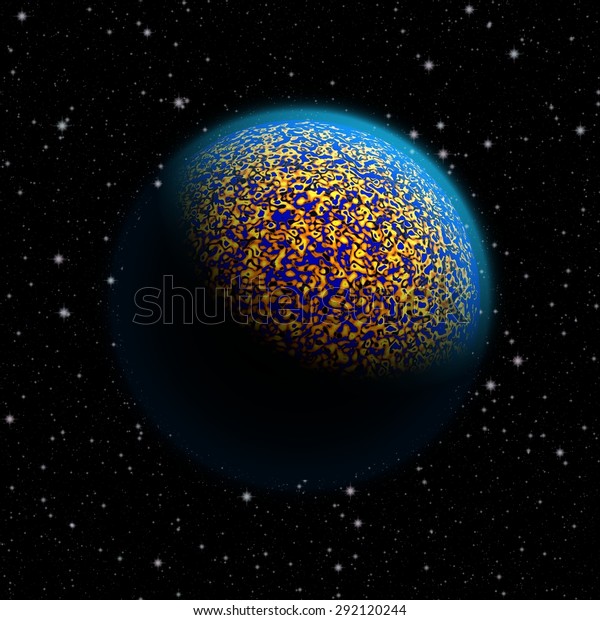 Abstract planet with blue\
atmosphere and golden metal lava mixed with water. Full HD video\
also available.\
