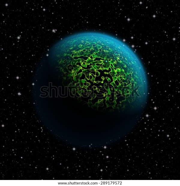 Abstract\
planet with blue atmosphere and green metal like liquid surface and\
black lakes. Full HD video also available.\
