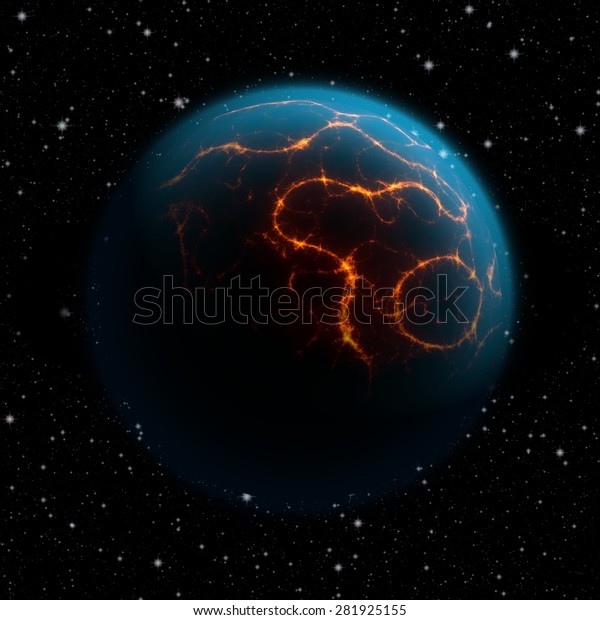 Abstract planet with blue atmosphere and huge\
cracks with lava flowing to the\
surface