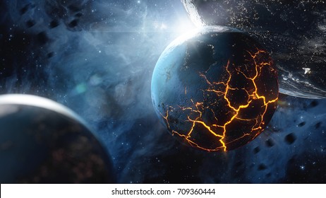 Abstract planet with huge cracks with lava in space. 3D concept for global warming and Apocalypce. Elements of this image furnished by NASA.