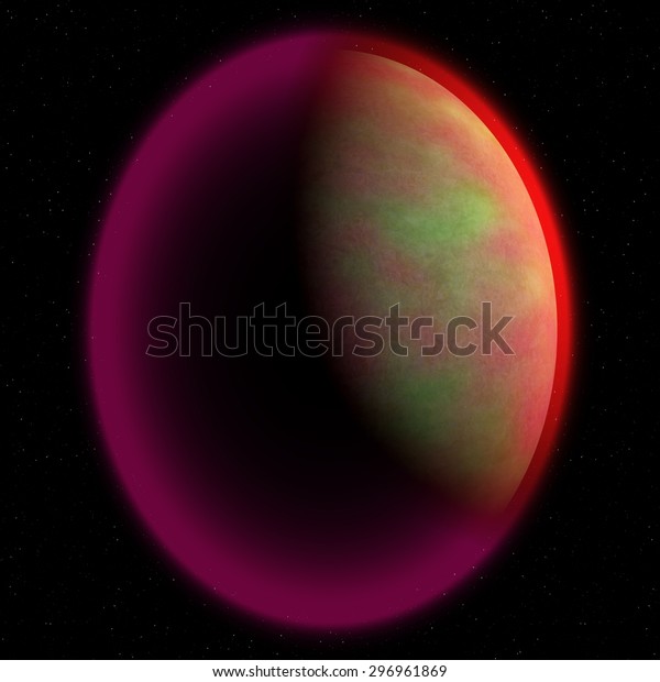 Abstract planet with pink shinning atmosphere\
somewhere in dark\
space