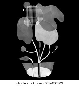 Abstract Plants In Pot. Hand-drawn Raster Illustration For Your Modern Design.