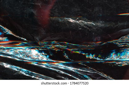 Abstract plastic wrap texture with glitch effect. Modern dark background with dust and scratches in retro style. Perfect for mock-ups, flyers, posters.